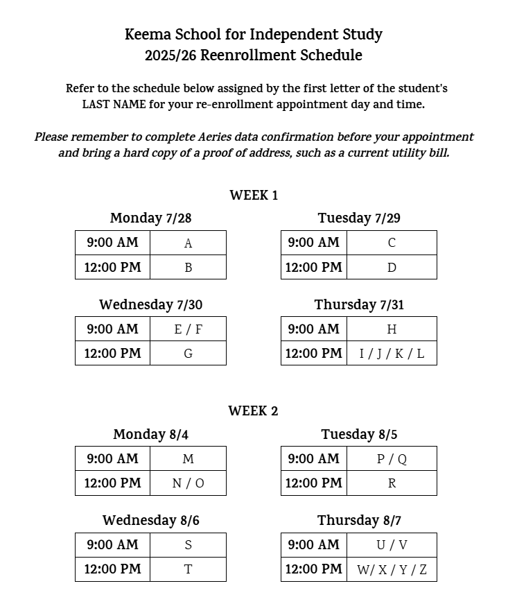 Schedule for reenrollment 